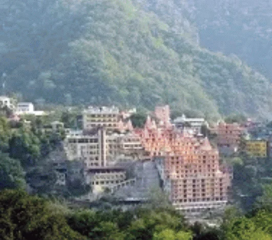 Temples and buildings on the hillside in Rishikesh in the Himalayan foothills