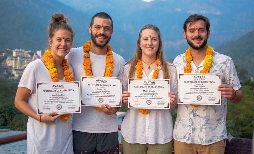Certificate ceremony after the sound healing teacher training in Rishikesh