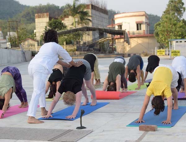 Guests at a yoga retreat at Avatar Yoga School in Rishikesh